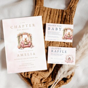 Invitation baby shower de livre d'histoires nouveau chapitre | Rose fard à joues + or |  Imprimable bébé | carte de voeux de bébé | Non sexiste | Tombola de couches | Lapins