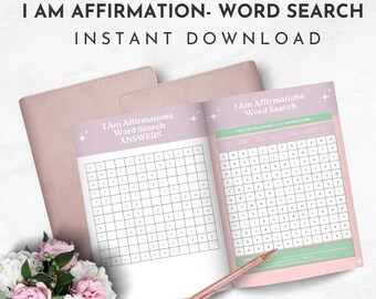 May include: A pink and green printable word search puzzle with the title "I Am Affirmations Word Search". The puzzle is open to a page with the answers to the word search.