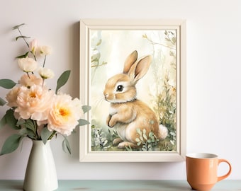 Arte digital de coelho encantador para impressão em parede para download instantâneo - Decoração de animais fofos para berçário e casa