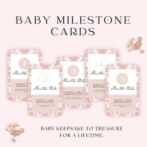 Cartes bébé étape importante | Imprimable 40 cartes en toile rose 5 x 7 pour les souvenirs et les étapes importantes de la première année de bébé | Souvenir de baby shower