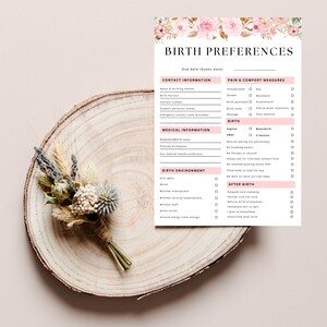 Sjabloon voor geboorteplan en voorkeuren met bloemen | Aangepast pdf-geboorteplan | Babymeisje | Doula-werkbladen