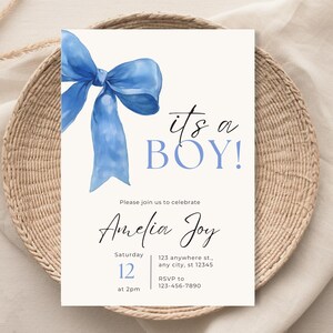 It&#39;s a Boy Baby Shower Invitation | Blue Bow Editable Canva Template | Modern Digital Baby Shower Invite | Printable Baby Boy Design