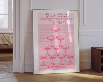 Różowa wieża z szampanem | Grafika ścienna w stylu retro z wózkiem barowym (do pobrania cyfrowego)