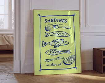Sardines Print | Fish Art Print | Neutral Retro Kitchen Wall Decor | Coastal Kitchen Print | Sardines With Olive Oil Print | Physical Print