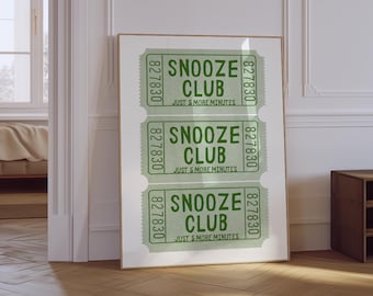 Snooze Club Ticket Print | Bedroom Wall Art | Cute Above Bed Sign | Trendy Aesthetic Bedroom Print | Sage Green Girly Bedroom Physical Print