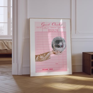 Gościnny czek Disco Ball Wall Art | Modny wydruk gościnnego czeku | Funky estetyczny dziewczęcy różowy nadruk | Sztuka wózka barowego | Wydruk fizyczny Disco Ball