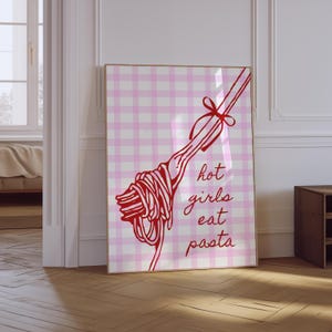Pasta Print | Spaghetti Print | Hot Girl Eat Pasta Print | Retro Kitchen Poster | Trendy Foodie Wall Art | Pink Aesthetic Kitchen Print