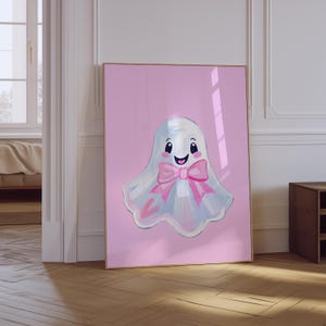 Pink Bow Ghost Halloween Wall Art | Ghost Print | Pink Pastel Halloween Wall Decor | Kids Room Playroom Halloween Print | Coquette Aesthetic