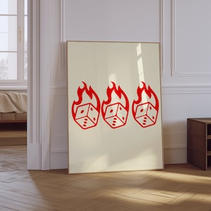 Flaming Dice Print | Trendy Wall Art | Flaming Dice Aesthetic Poster | Funky Wall Art | Red Wall Art | Feeling Lucky Poster | Lucky Dice Art