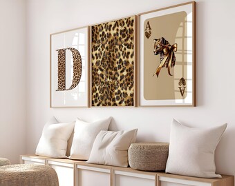 Set of 3 Leopard Wall Art | Ace of Hearts Leopard Game Card Print | Leopard D Letter Print | Leopard Pattern Poster | Girly Aesthetic Print