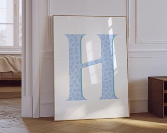 Floral Letter H Print | Light Blue Initial Wall Art (Digital Download)