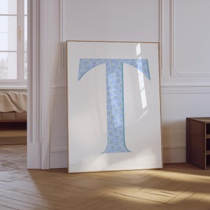 T Letter Print | Light Blue Granddaughter Print | Floral Nursery Print | Girly Nursery Decor | Initial Letter Wall Art | Floral Letter Print