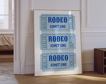 Lámina con diseño de boleto de rodeo / Arte de pared moderno y estético de vaquera / Arte de pared del oeste / Lámina retro con diseño de boleto de rodeo / Láminas retro de vaquero estilo preppy en azul costero