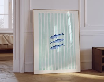 Sardinesprint | Zeevruchten muurkunst | Neutrale retro keukenmuurdecoratie | Kustkeukenprint | Saliegroen gestreepte print | Fysieke afdruk
