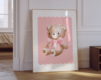 Teddy Bear Bow Print | Coquette Nursery, Girly Poster (Digital Download)