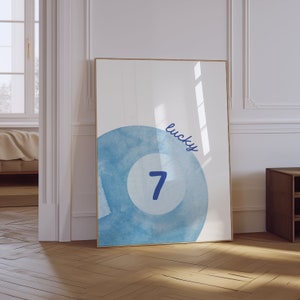 Vintage biljartbalprint | Muurkunst Lucky Ball | Retro handgetekende poster | Blauwe poster biljartbal | Trendy digitale kunstafdrukken barwagen
