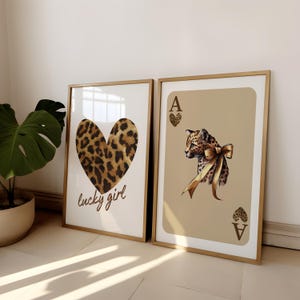 Muurkunst luipaard | Set van 2 luipaardprints | Lucky You-afdruk | Hearts of Hearts-gamekaartprint met luipaardprint | Girly Coquette-set van 2 met fysieke print