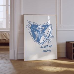 Surfing Poster | Vintage Cowboy Skeleton Art | Trendy Aesthetic Room Decor | Retro Western Print | Surf Up Wall Art | Funny Beach Print
