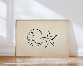 Sleeping Print: | Hand-Drawn Star and Moon Poster, Neutral Bedroom Horizontal Physical Poster