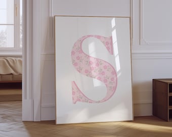 Letra S estampada con motivos florales / Decoración infantil con inicial rosa claro (Descarga digital)