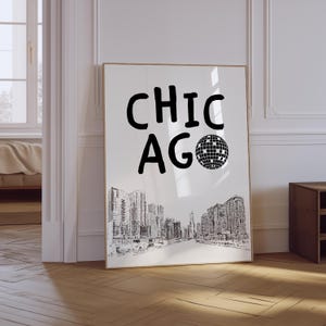 Impression Chicago | Art mural Chicago noir | Art mural tendance de Chicago | Imprimé boule disco | affiche beige | affiche de voyage de Chicago | Impression physique