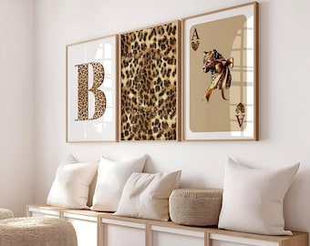 Set of 3 Leopard Wall Art | Ace of Hearts Leopard Game Card Print | Leopard B Letter Print | Leopard Pattern Poster | Girly Aesthetic Print