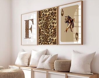 Set of 3 Leopard Wall Art | Ace of Hearts Leopard Game Card Print | Leopard F Letter Print | Leopard Pattern Poster | Girly Aesthetic Print