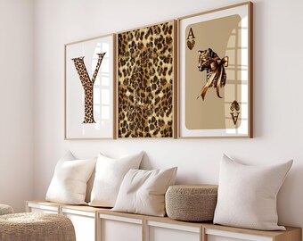 Set of 3 Leopard Wall Art | Ace of Hearts Leopard Game Card Print | Leopard Y Letter Print | Leopard Pattern Poster | Girly Aesthetic Print