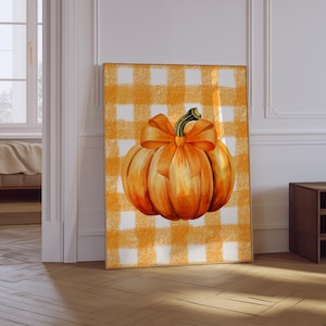 Kürbis Druck | Herbst Wand Kunst | Herbst Bauernhaus Wanddekoration | Coquette Orange Bow Herbstdruck | Poster Herbst | Kinderzimmer Halloween Druck