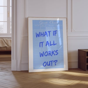 Plakat „What If It All Works Out” | Plakat „Gościnny czek” | Modna estetyczna sztuka ścienna | Niebieski plakat Preppy | Dziewczęca sztuka ścienna | Niebieski nadruk nadmorski