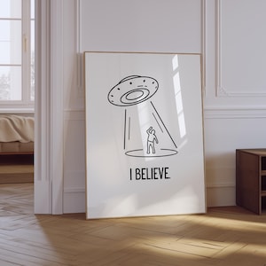 Trendy Alien Print | Alien Poster | Line Art Alien Wall Art | UFO Print | Space Art Printable | I Want To Believe Poster | UFO Poster