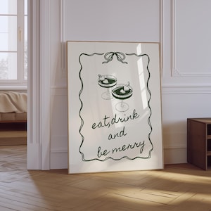 Urlaub Barwagen Print | Trendige Cocktail Wand Kunst | Eat Drink and Be Merry Druck | Weihnachts-Bar-Warenkorb-Druck | Weihnachtsmotiv in grün