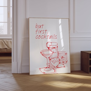 Sztuka ścienna koktajlowa | Wydruk But First Cocktails | Modna sztuka na wózek barowy | Wydruk minimalistyczny | Plakat Cheers | Wydruk alkoholowy | Wydruk retro do kuchni