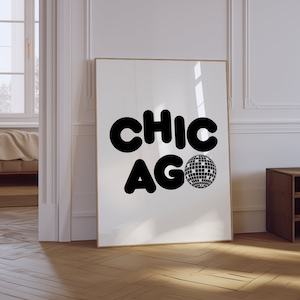 Chicago Print | Czarna sztuka ścienna Chicago | Modna sztuka ścienna Chicago | Beżowy plakat | Wydruk Disco Ball | Plakat podróżny Chicago | Wydruk Bar Cart