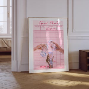 Guest Check Print | Retro Alcohol Print | Bar Cart Wall Art | Pink Girly Trendy Prints | Aesthetic Preppy Girly Pink Bar Cart Physical Print