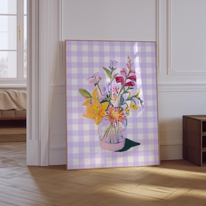 Impresión de ramo de flores / Impresión preppy estética morada / Póster floral retro / Póster para dormitorio femenino / Arte mural de florero / Impresión física