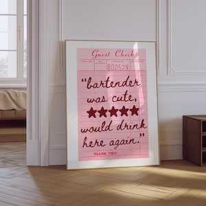 Bartender Was Cute Would Drink Here Again Print | Guest Check Poster | Pink Red Preppy Girly Bar Cart Print | Aesthetic Kitchen Wall Art