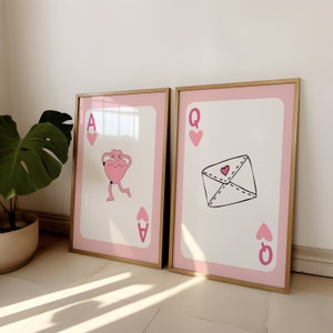 Trendy hartenprint | Gamekaartprintset | Trendy retroposter | Liefdesbriefafdruk | Roze preppy appartementdecor | Preppy kamerdecoratie