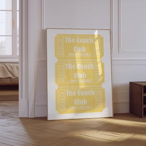 The Couch Club Print | Trendy Living Room Decor | Cute Quote Art | Aesthetic Apartment Wall Art | Trendy Retro Yellow Ticket Print
