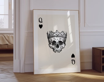 Queen of Hearts Playing Game Card Print | Trendy Retro Poster | Skull Playing Card Wall Art | Retro Skull Queen Print | Bar Cart Print