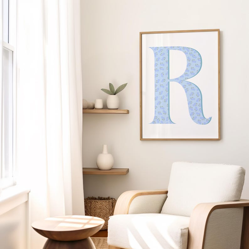 Floral Letter R Print | Light Blue Initial Nursery Decor (digital ...