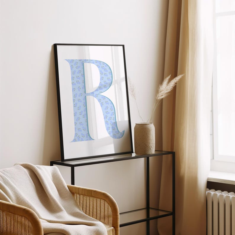 Floral Letter R Print | Light Blue Initial Nursery Decor (digital ...