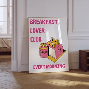 Breakfast Print | Retro Breakfast Art Poster | Trendy Pink Kitchen Wall Art | Foodie Art | Retro Kitchen Print | Breakfast Lover Club Poster