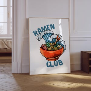 Ramen Print | Blue Kitchen Food Decor | Retro Japanese Ramen Poster | Noodles Wall Print | Aesthetic Kitchen Decor | Preppy Food Poster