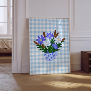Impresión de ramo de flores / Impresión estética preppy azul / Póster floral retro / Póster de dormitorio femenino / Arte de pared con jarrón de flores / Arte de pared floral