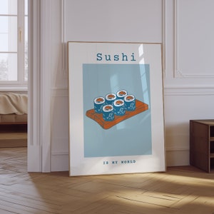 Sushi Print | Blue Kitchen Food Decor | Retro Japanese Sushi Poster |  Digital Food Poster | Aesthetic Kitchen Decor | Sushi Night Poster