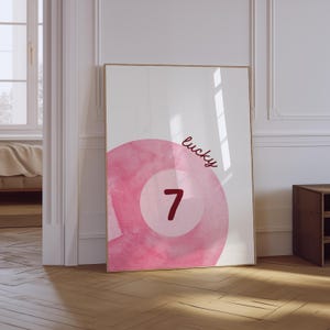 Vintage biljartbalprint | Muurkunst Lucky Ball | Retro handgetekende poster | Roze poster biljartbal | Trendy digitale kunstafdrukken barwagen