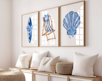 Conjunto de Arte de Parede com Tema Costeiro | Gravuras de Praia em Azul, Decoração de Verão para Casa (Download Digital)