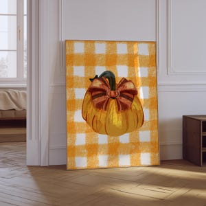 Impresión de calabaza / Arte de pared de otoño / Decoración de pared de granja de otoño / Impresión de Halloween con lazo coqueto / Póster de otoño / Póster de Halloween para niños