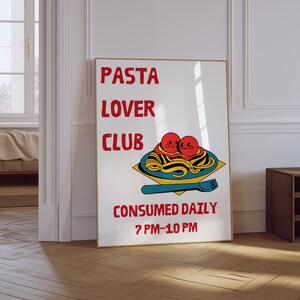 Pasta Lover Club Print | Spaghetti Print | Pasta Poster | Hand Drawn Kitchen Art | Trendy Foodie Wall Art | Aesthetic Red Kitchen Print